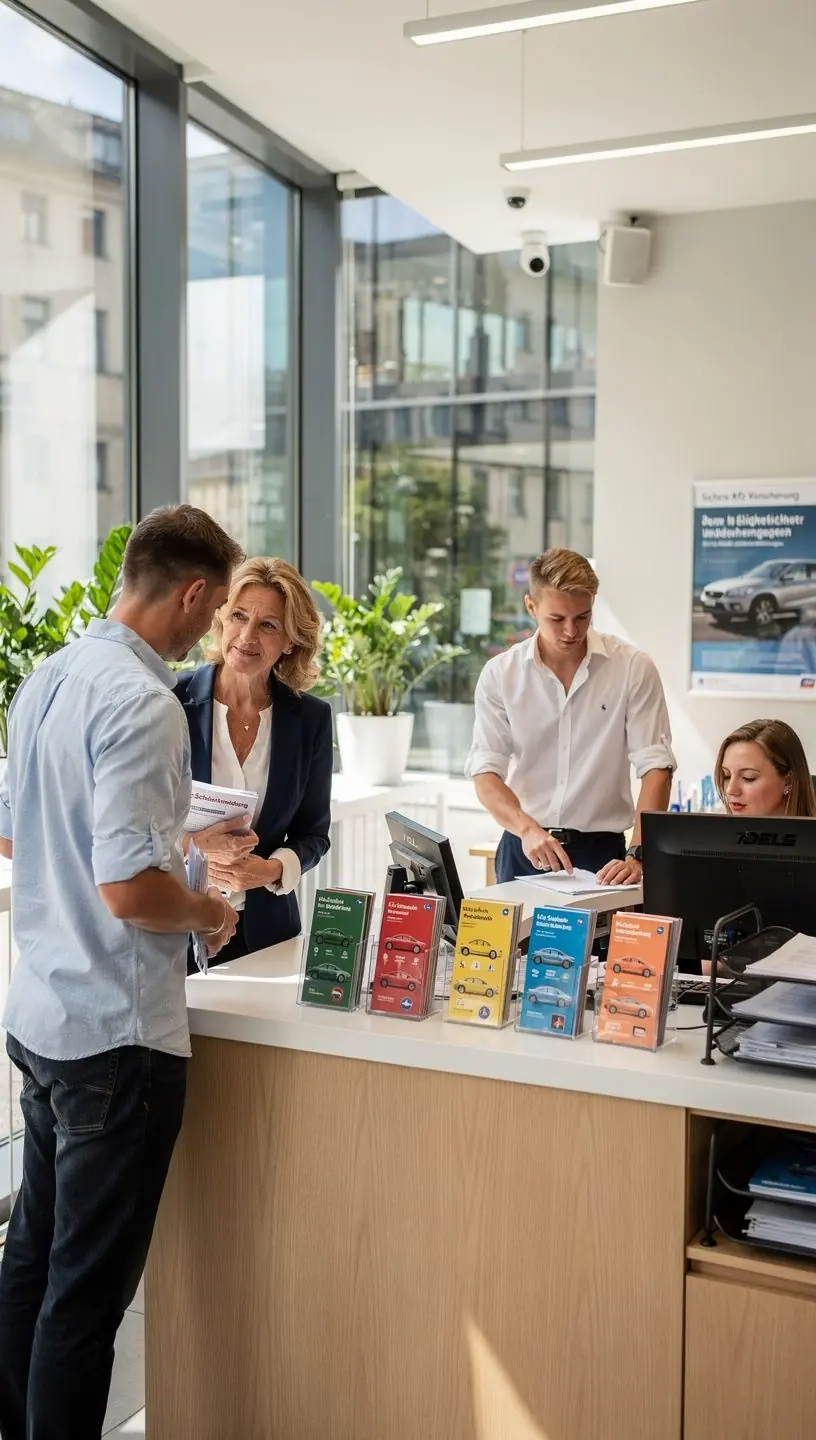 Moderne Büroumgebung mit Computern und Dokumenten im Zentrum für Kfz-Schadensabwicklung.